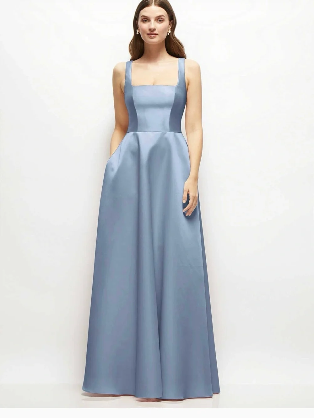 Square Neck Satin Maxi Dress - Sleeveless Formal with pockets - Picture 2 of 3